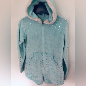 Fluffy blue and white pajama romper